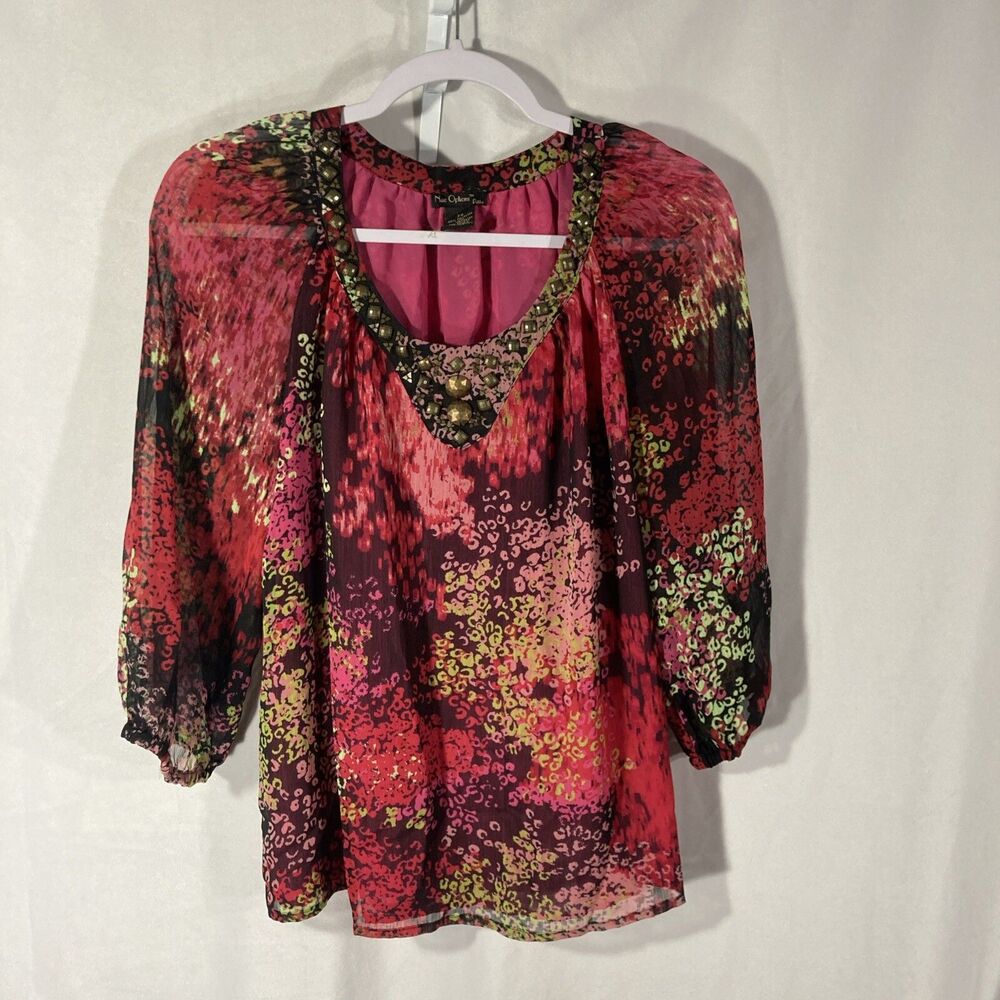 NUE OPTIONS pink red multicolor beaded semi sheer overlay top PS